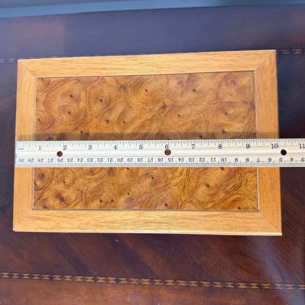 Vintage Burl Wood Jewelry Box Mirror Top Drawer Velvet Lined Trinket Organizer